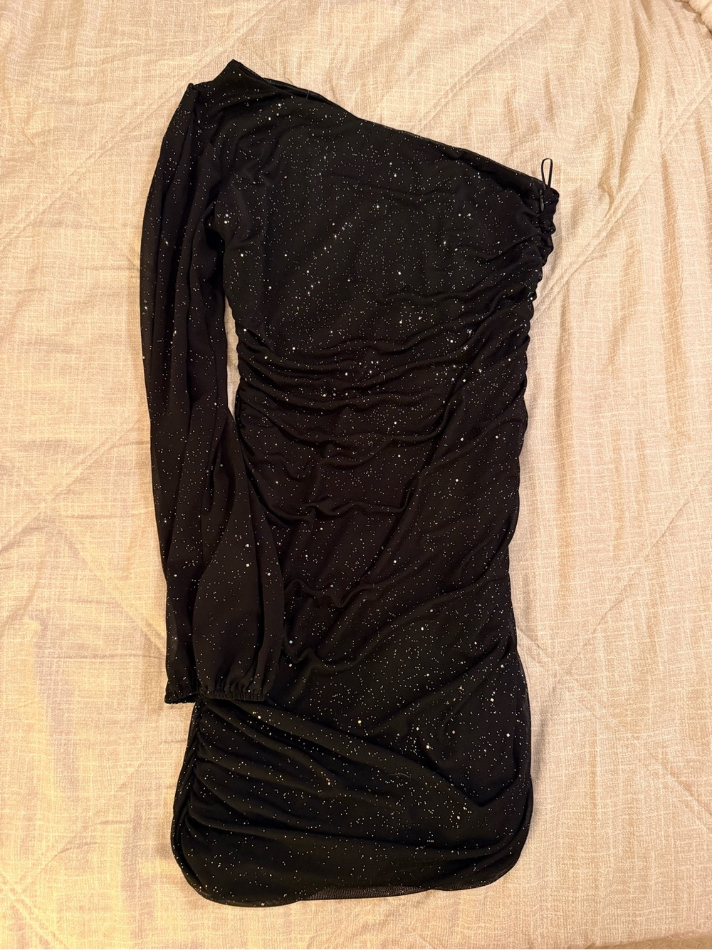 SHEIN Black One-Shoulder Sparkle Ruched Dress
